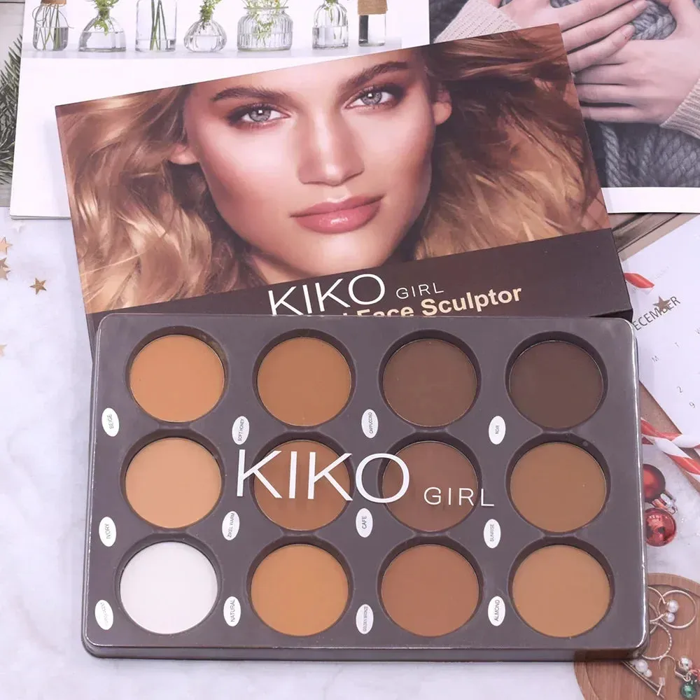 12-Color Kiko Contour Palette - Matte Bronzer & Highlighter for Face Sculpting & Makeup Blending