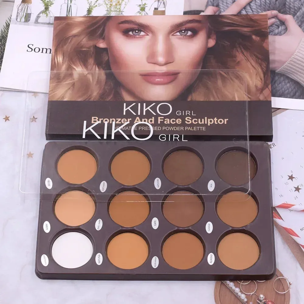 12-Color Kiko Contour Palette - Matte Bronzer & Highlighter for Face Sculpting & Makeup Blending
