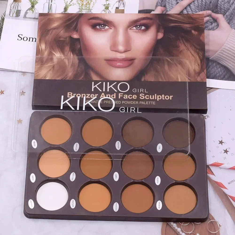 12-Color Kiko Contour Palette - Matte Bronzer & Highlighter for Face Sculpting & Makeup Blending