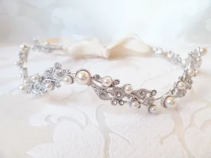 Bridal Headpiece with Flexible Headband and Ribbon Tie for Vintage Wedding in Floral Vine Motif